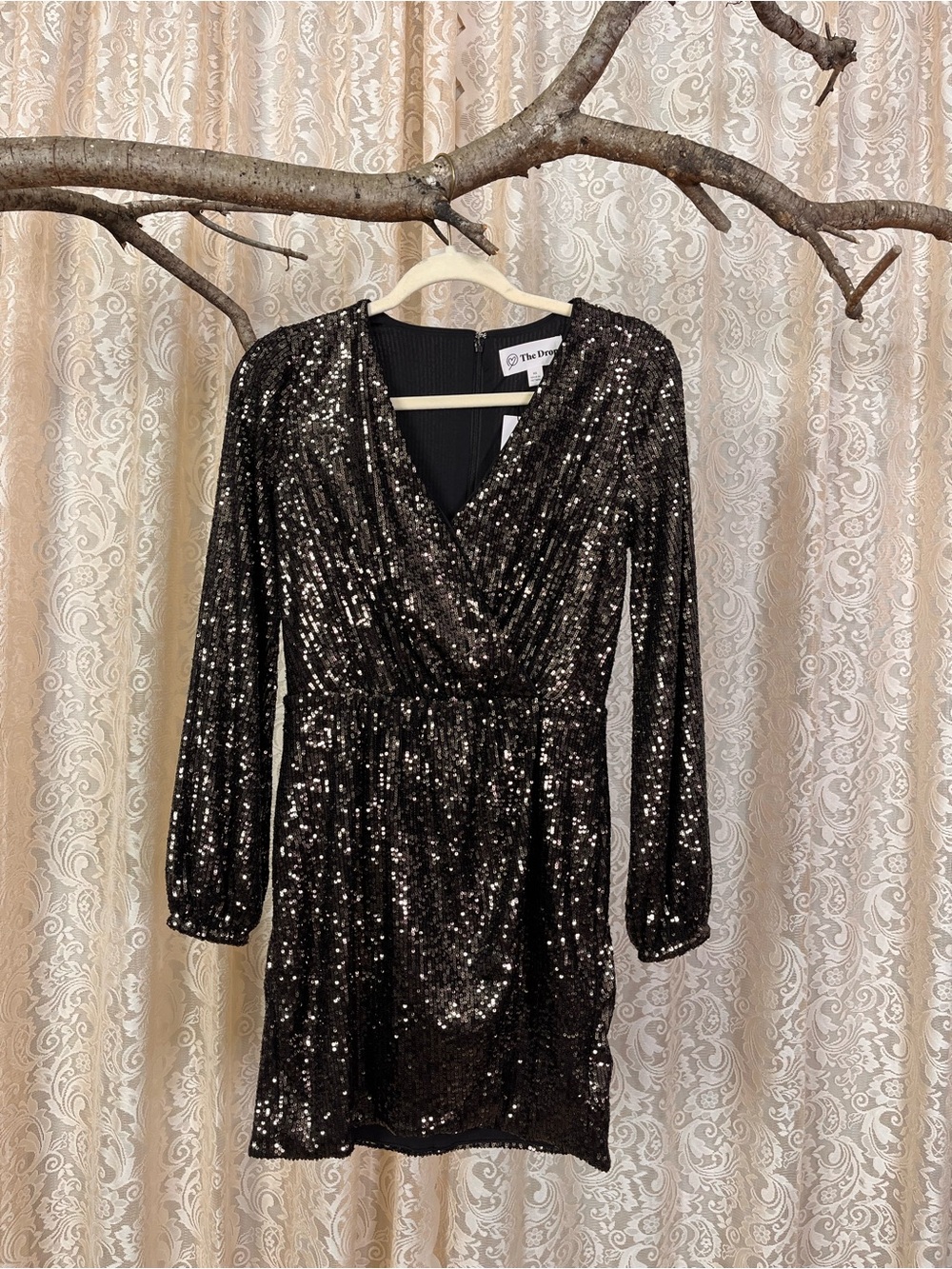 New The Drop Black Sequin Wrap-Front Mini Dress